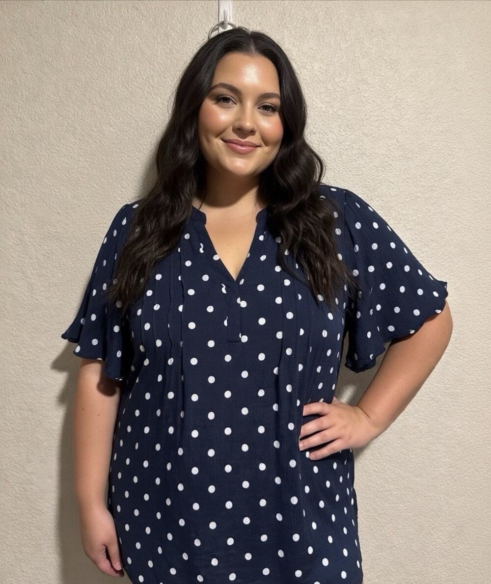 Ember Top Polka Dot Navy Cottage Country Boho Lagenlook Flutter Slv Career 3X